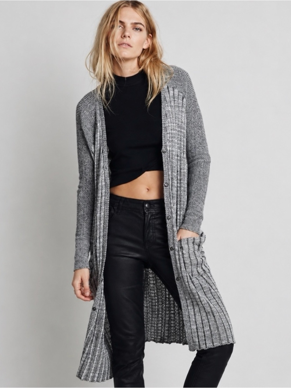 Free People Cotton Blend Heather Gray Longline Ribbed Cardigan Size Medium